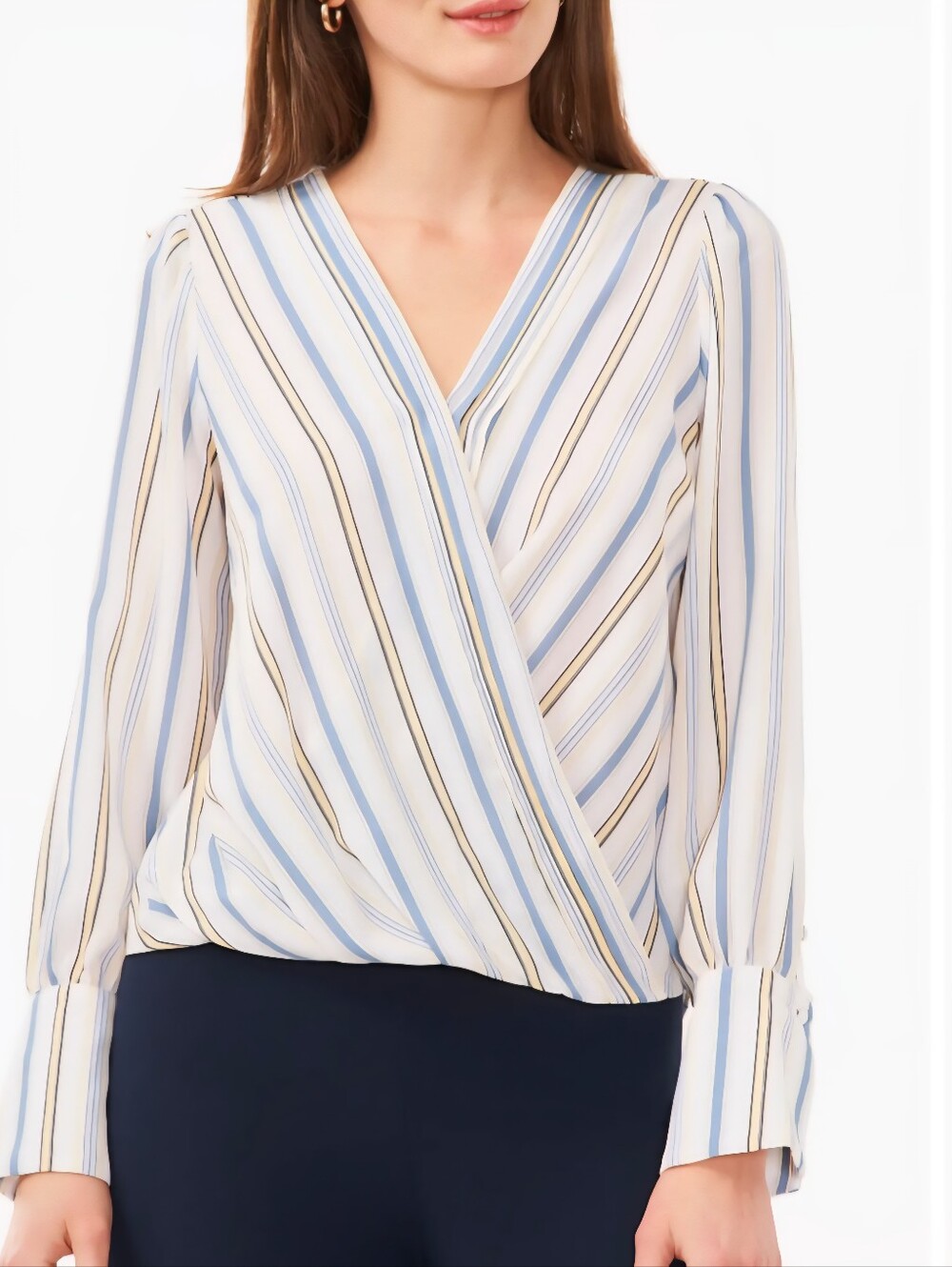 Halogen Striped Wrap Blouse - Blue & Cream